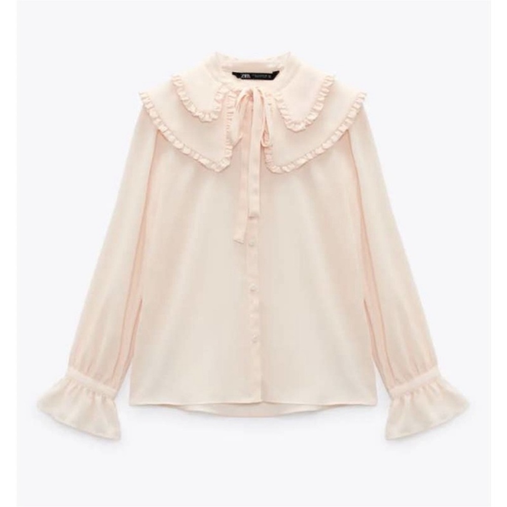 Zara NEW Ruffled Bib Collar Blouse in Chalk Pink L